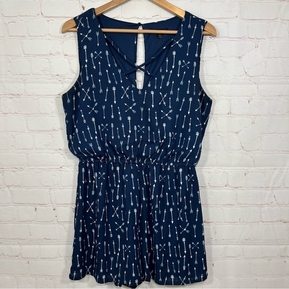 As u Wish Romper Womens Large Blue Tank Top Arrows Hearts V Neck Lined